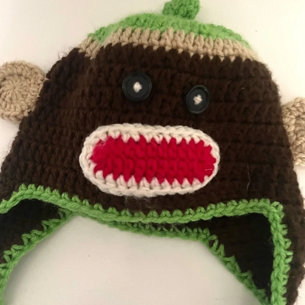 HANDMADE Knitted crochet toddler monkey beanie with braids -one size